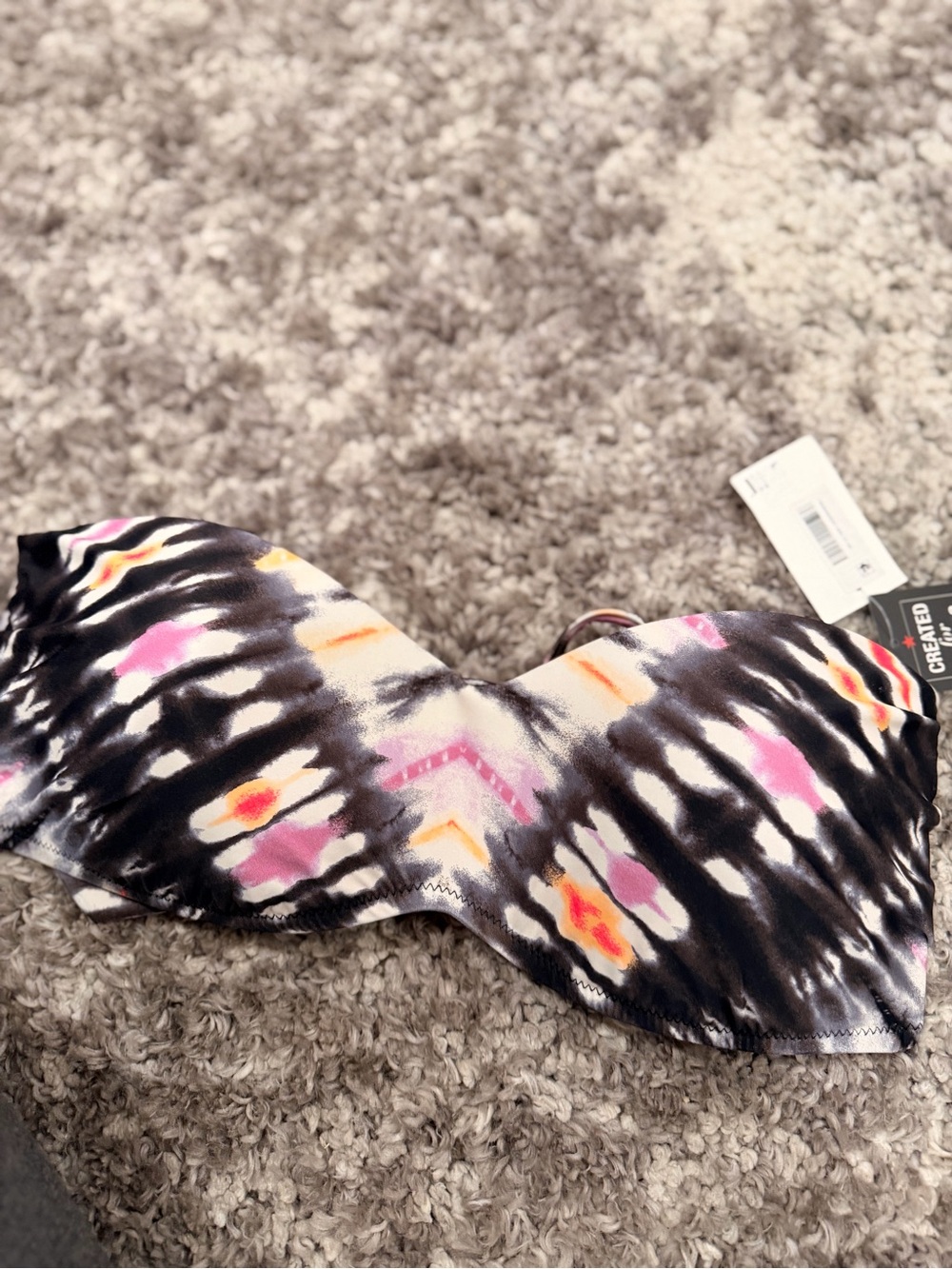 Bar III Black Tie-Dye Bandeau Bikini Top with Pink and Orange Accents